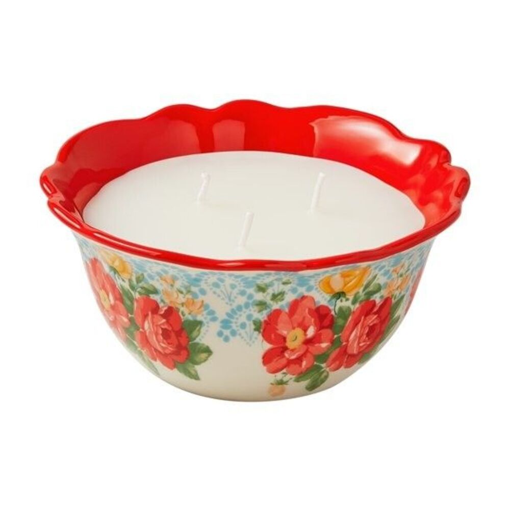 Pioneer Woman Outdoor Citronella Candle Vintage Floral 3-Wick Ceramic Red New